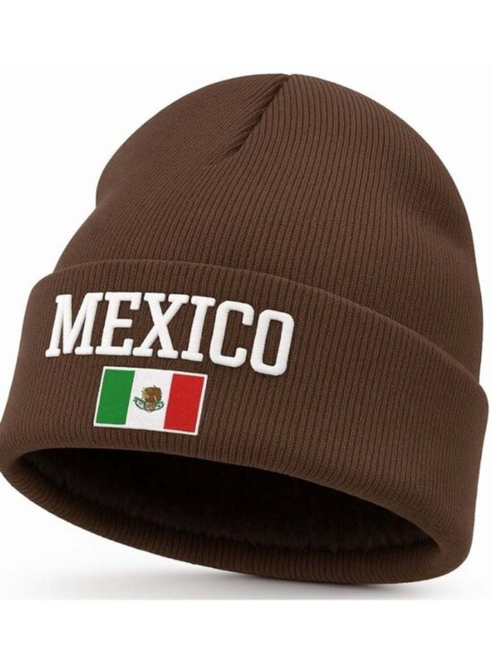 Fleece Lined Mexico Beanie Hat, Brown